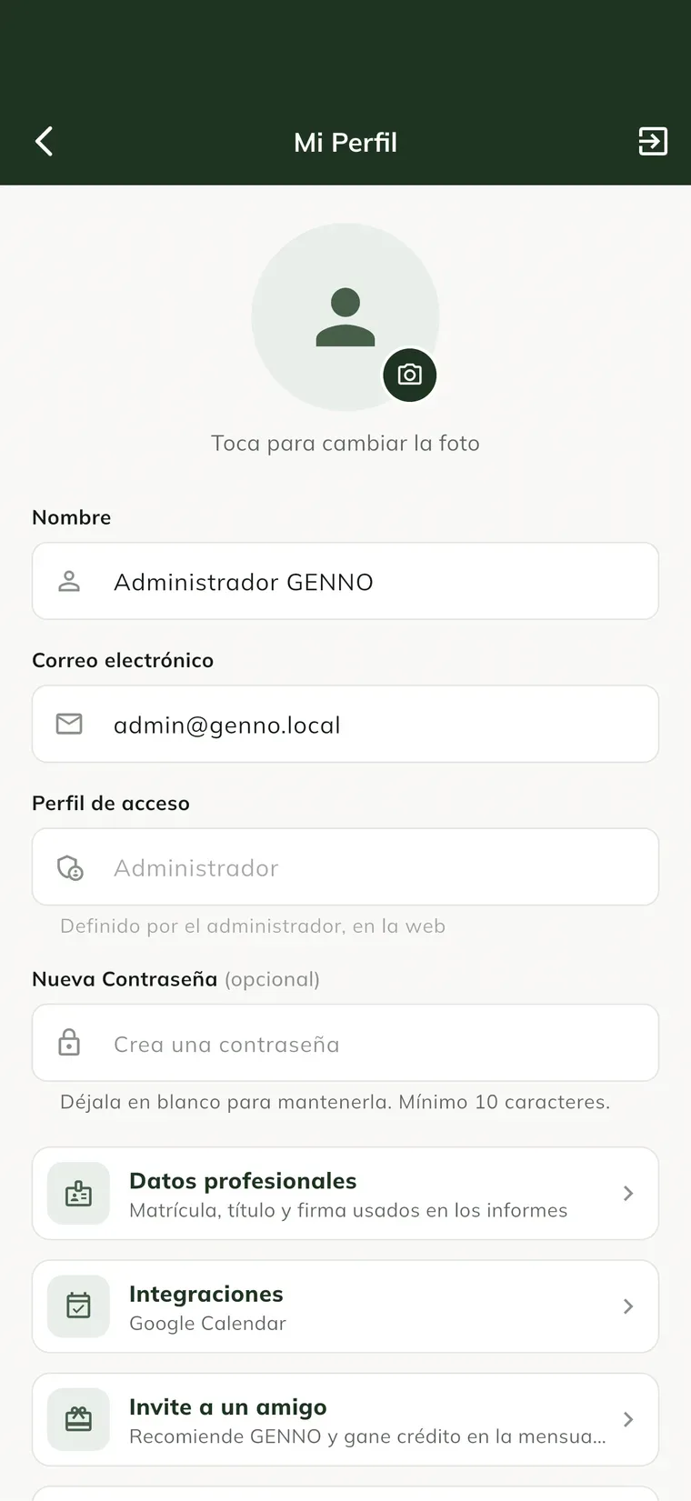 Pantalla Mi Perfil en la app, con la foto, Nombre, Correo electrónico, Perfil de acceso, Nueva Contraseña y Datos profesionales