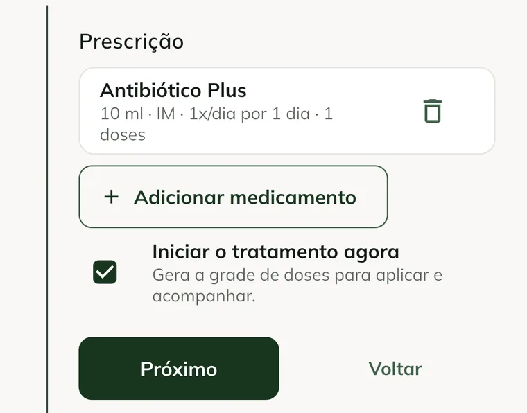 Paso Prescripción de la atención, con un medicamento y la opción Iniciar el tratamiento ahora marcada