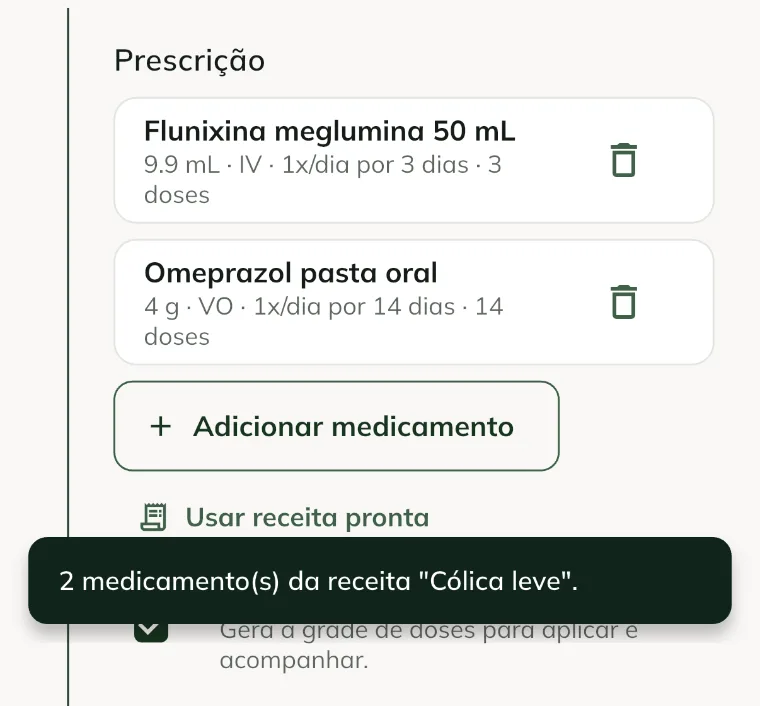 Paso Prescripción de la app después de usar la receta Cólico leve: flunixina con 9,9 mL para 450 kg y omeprazol con dosis fija