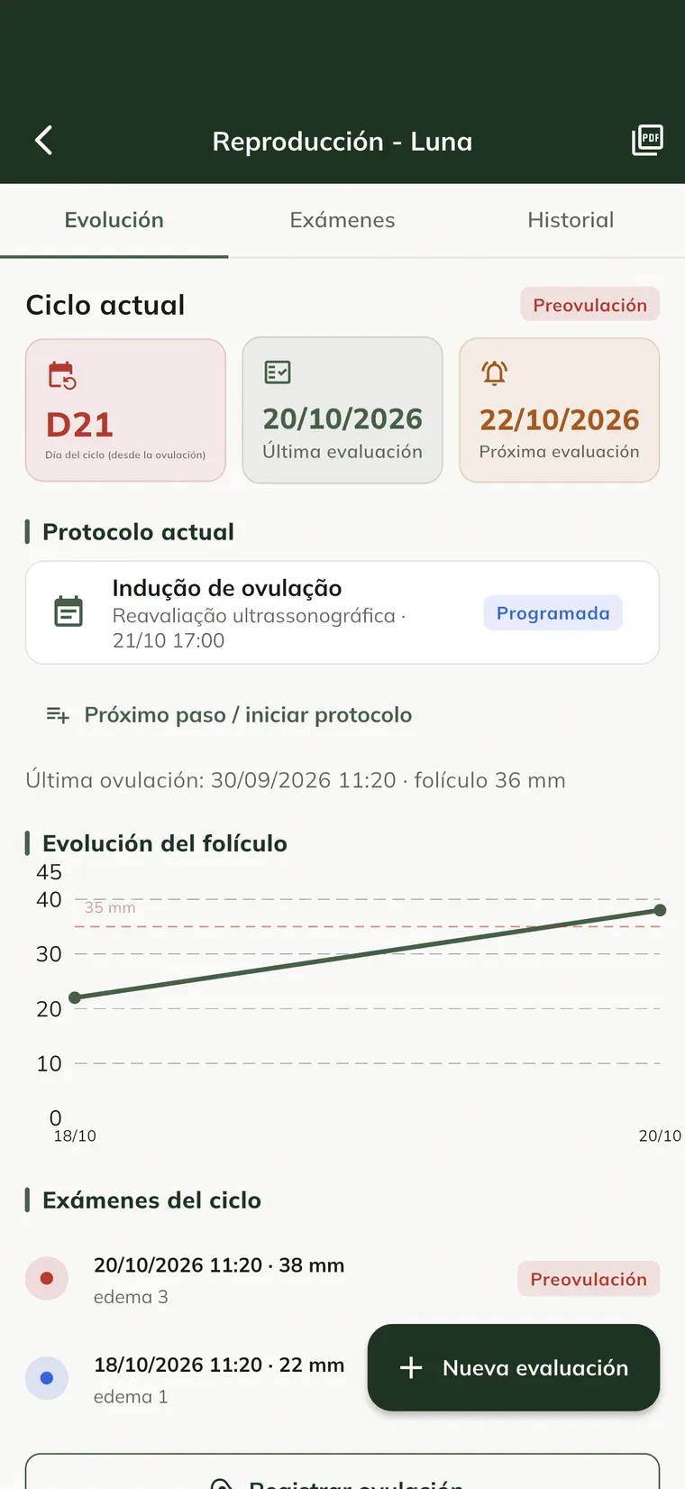 Pantalla Reproducción de la yegua Luna, pestaña Evolución, con el ciclo actual, el gráfico del folículo y el botón Nueva evaluación