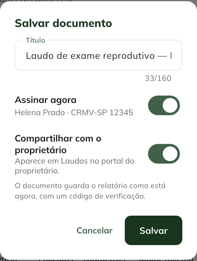 Ventana Guardar documento con el Título, Firmar ahora y Compartir con el propietario activados