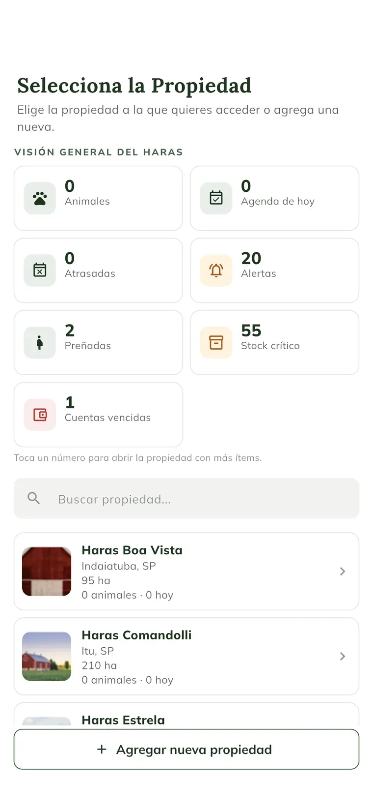 Pantalla Selecciona la Propiedad en la app, con el campo de búsqueda y las tarjetas de cinco haras