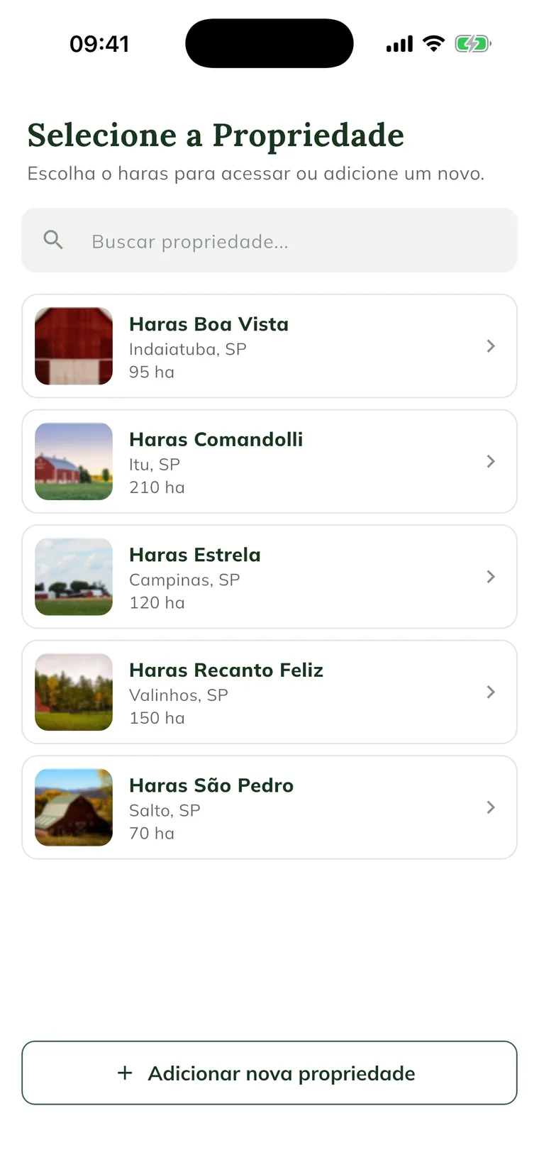Pantalla Selecciona la Propiedad en la app, con el campo de búsqueda y las tarjetas de cinco haras