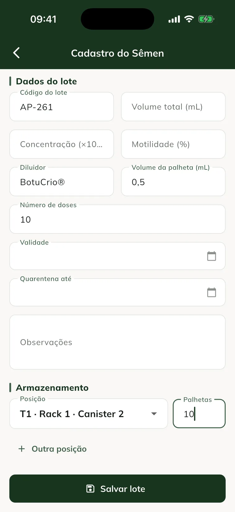 Pantalla Registro del Semen, con los Datos del lote y la sección Almacenamiento con Posición, Pajuelas y Otra posición