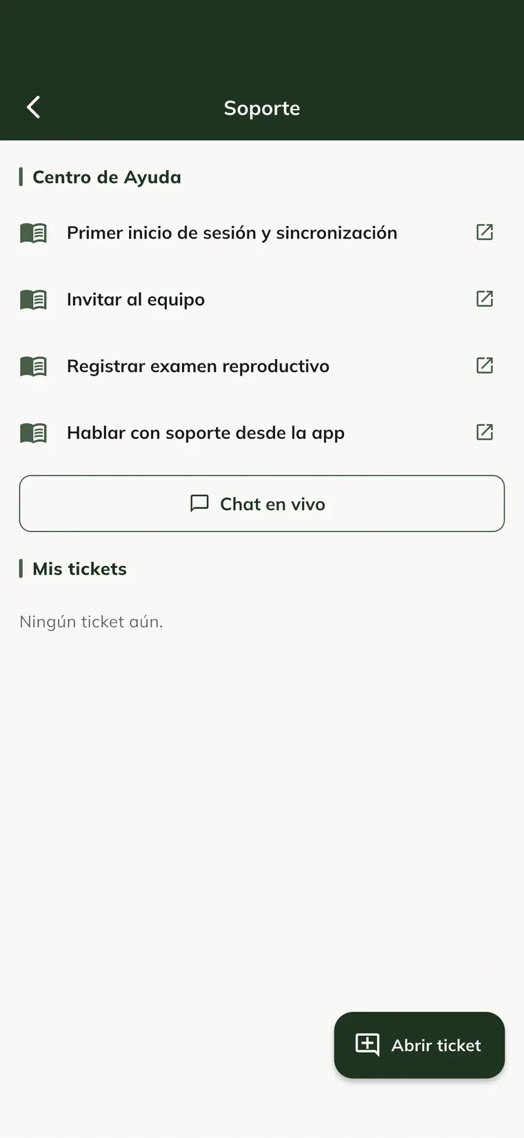 Pantalla Soporte en la app, con los artículos del Centro de Ayuda, el botón Chat en vivo, Mis tickets y el botón Abrir ticket