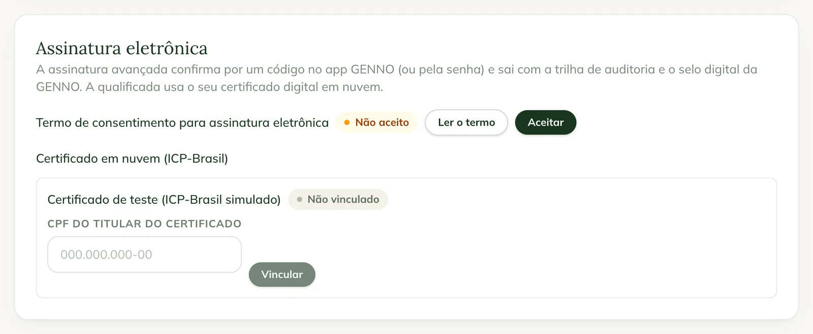Tarjeta Firma electrónica en el Perfil de la web, con el término de consentimiento No aceptado, los botones Leer el término y Aceptar y el certificado en la nube No vinculado