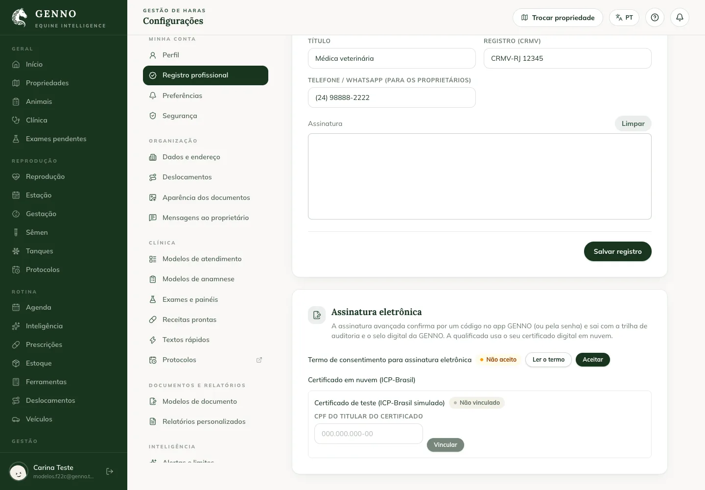 Tarjeta Firma electrónica en el Perfil de la web, con el término de consentimiento No aceptado, los botones Leer el término y Aceptar y el certificado en la nube No vinculado