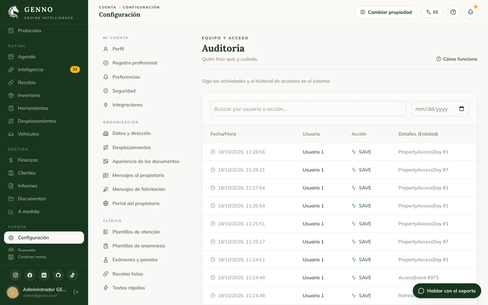 Página Auditoría en la web, con la lista de acciones, fecha y hora, usuario, acción y detalles de la entidad