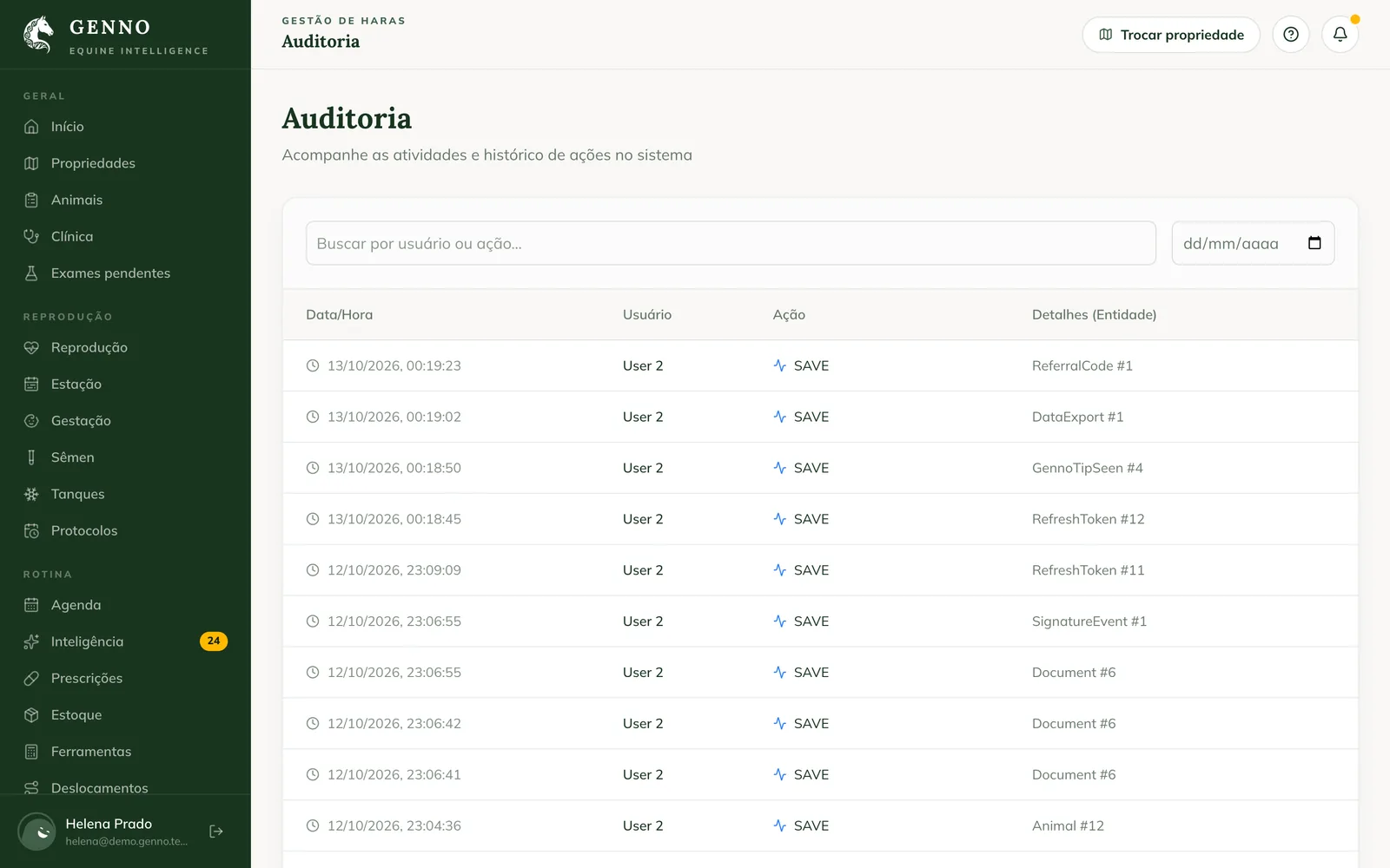 Página Auditoría en la web, con la lista de acciones, fecha y hora, usuario, acción y detalles de la entidad