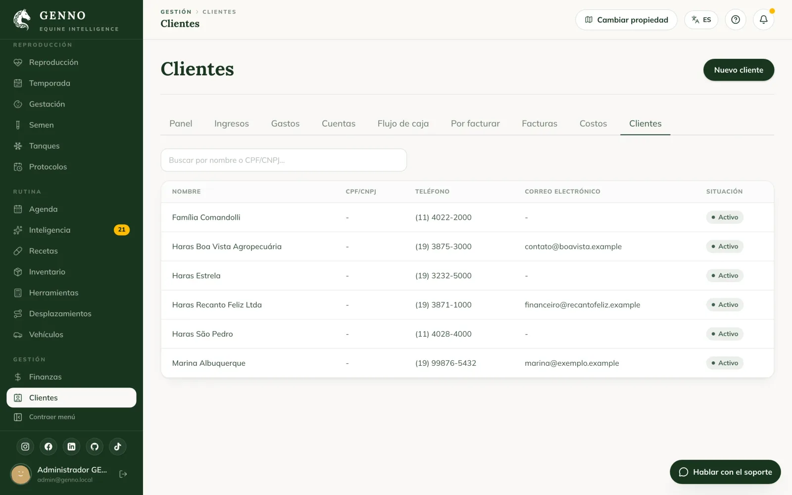 Lista Clientes en la web, con la búsqueda y los clientes con CPF/CNPJ, teléfono, correo y situación