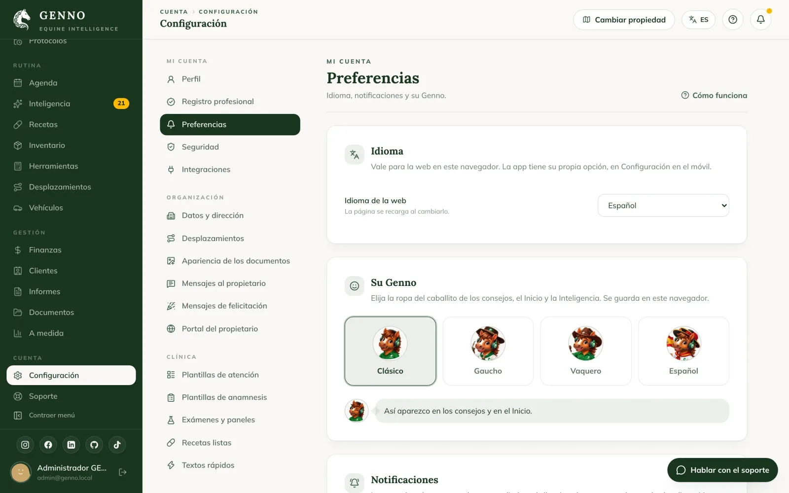 Paso Preferencias de la configuración inicial, con Moneda, Zona horaria y el botón Concluir y entrar a GENNO