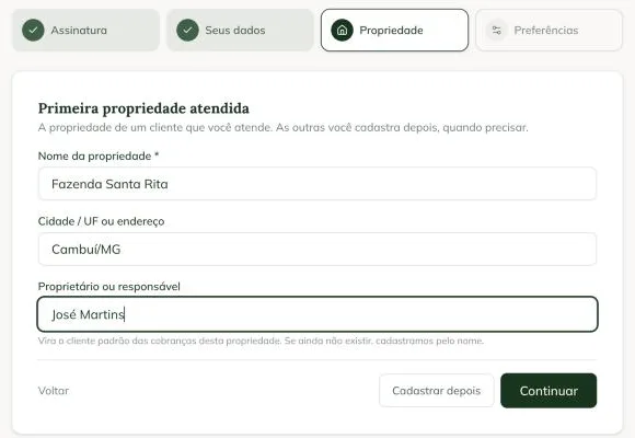 Paso Primera propiedad atendida, con Nombre de la propiedad, Ciudad / estado o dirección, Propietario o responsable y los botones Registrar después y Continuar