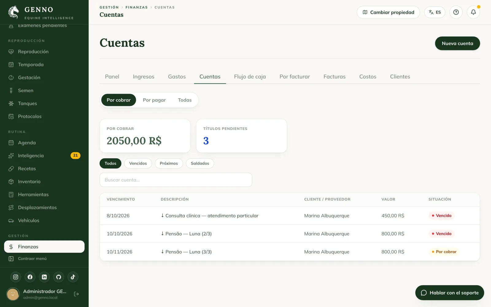 Pestaña Cuentas en la web, con Por cobrar, el total, los títulos pendientes, los filtros Todos, Vencidos, Próximos y Saldados y la lista por vencimiento