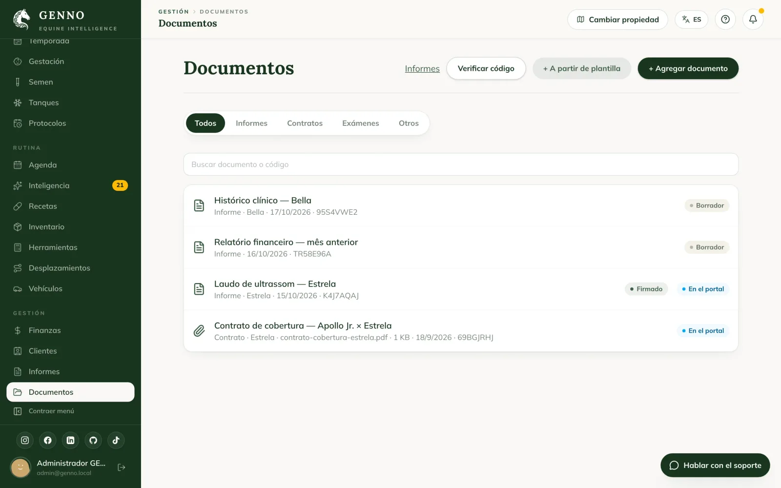 Página Documentos en la web, con las pestañas Todos, Informes, Contratos, Exámenes y Otros, la búsqueda y la lista con las etiquetas Firmado, Borrador y En el portal