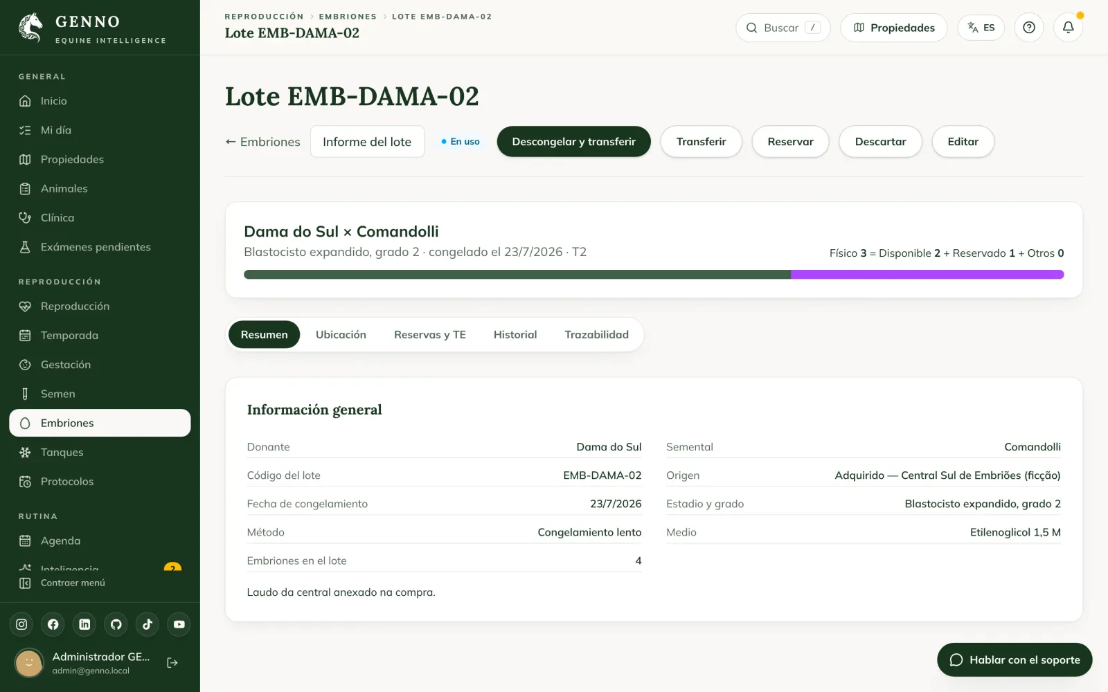 Lote EMB-DAMA-02 en la web, con el saldo, los botones Descongelar y transferir y Reservar y la información general