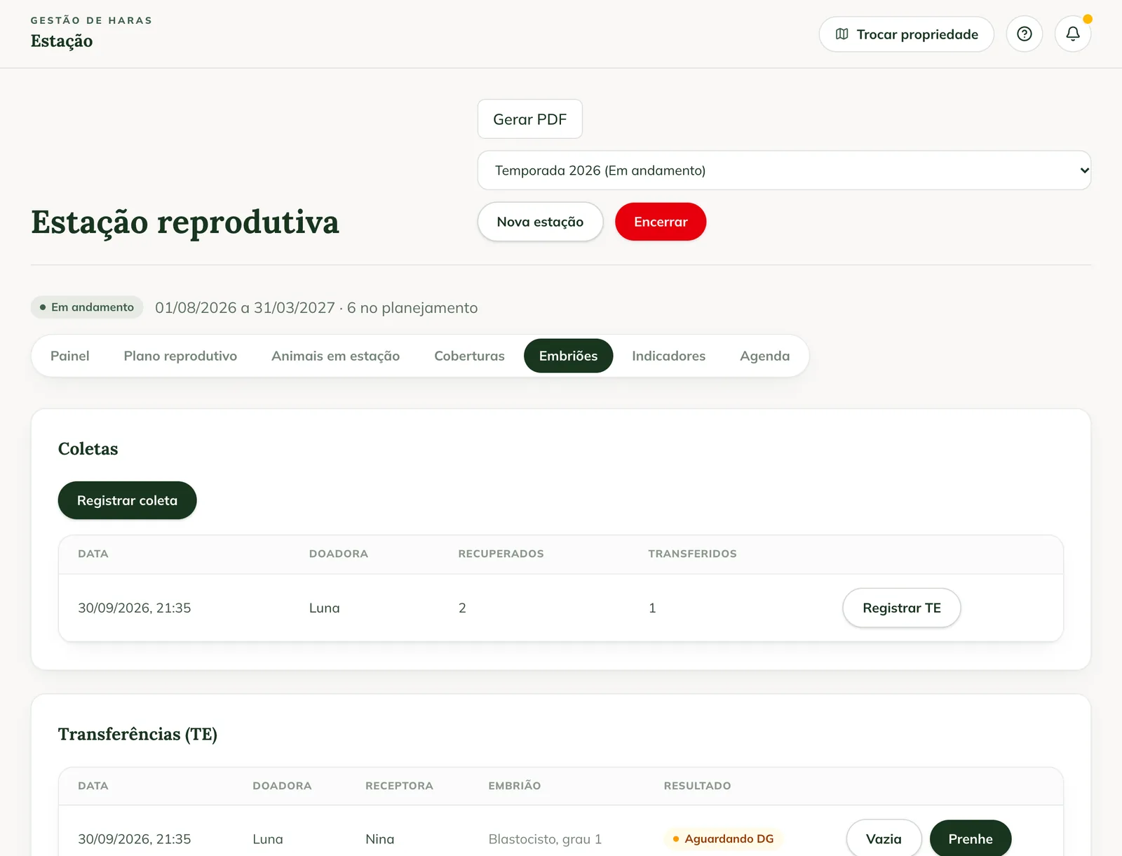 Pestaña Embriones de la temporada en la web, con una colecta de la donante Luna y una transferencia a la receptora Nina esperando el diagnóstico