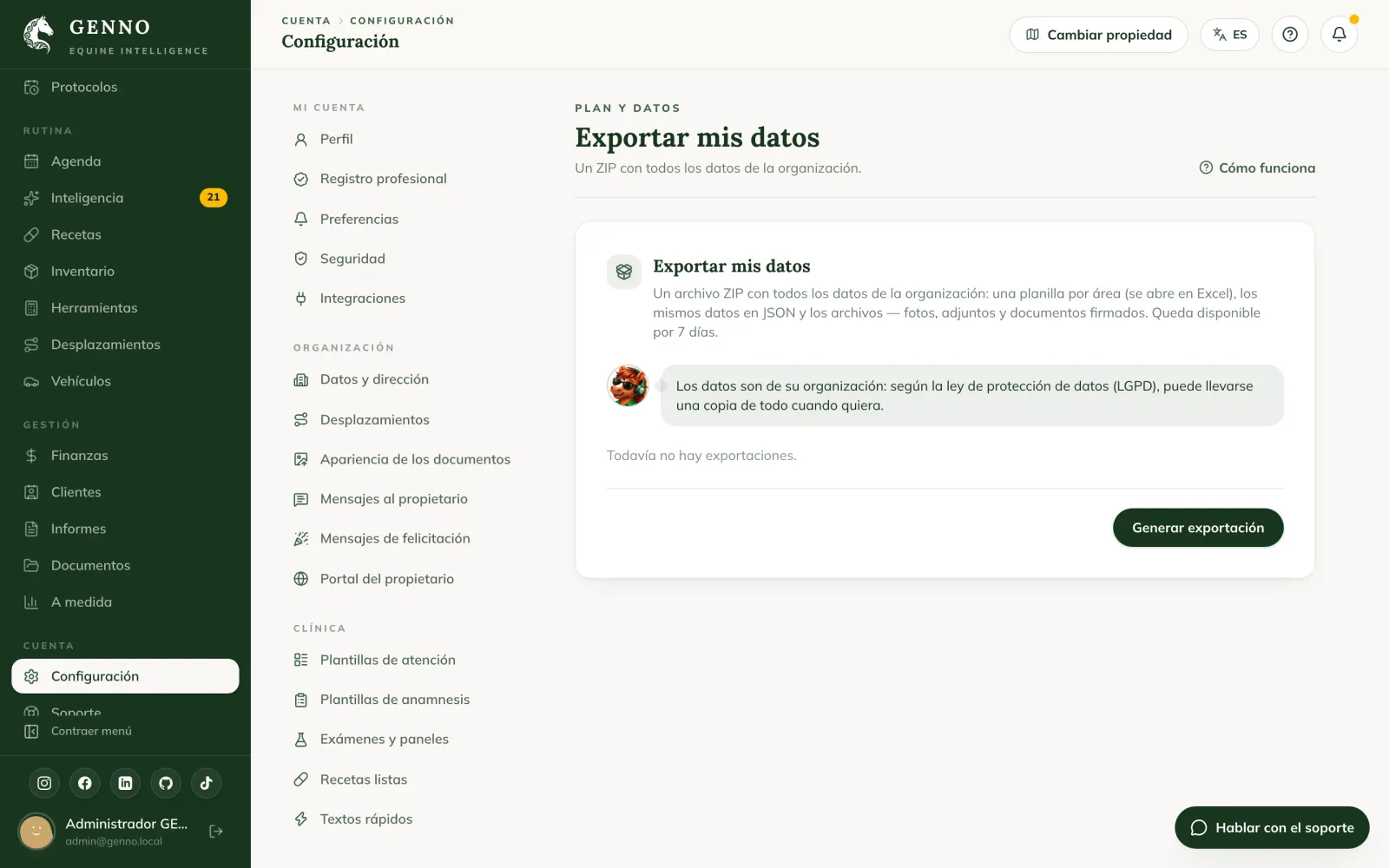 Tarjeta Exportar mis datos en la Configuración de la web, con el botón Generar exportación y una exportación Lista con el botón Descargar
