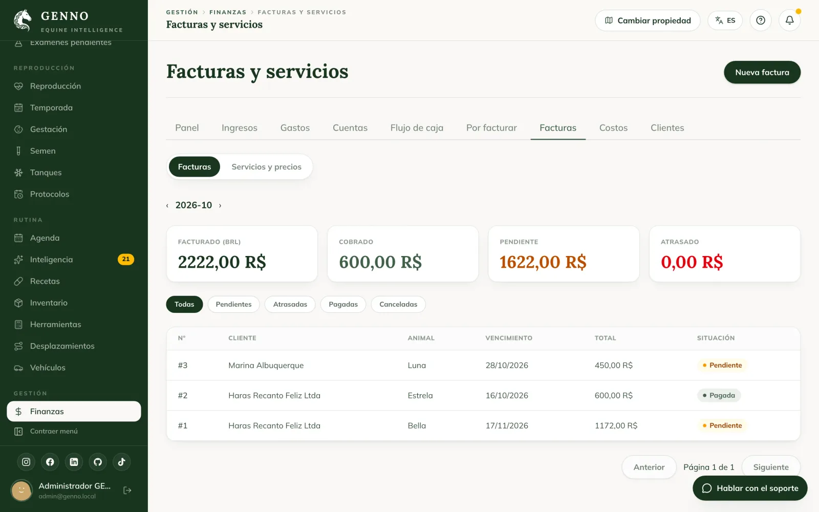 Pestaña Facturas en la web, con lo facturado, cobrado, pendiente y atrasado del mes, los filtros y la lista de facturas