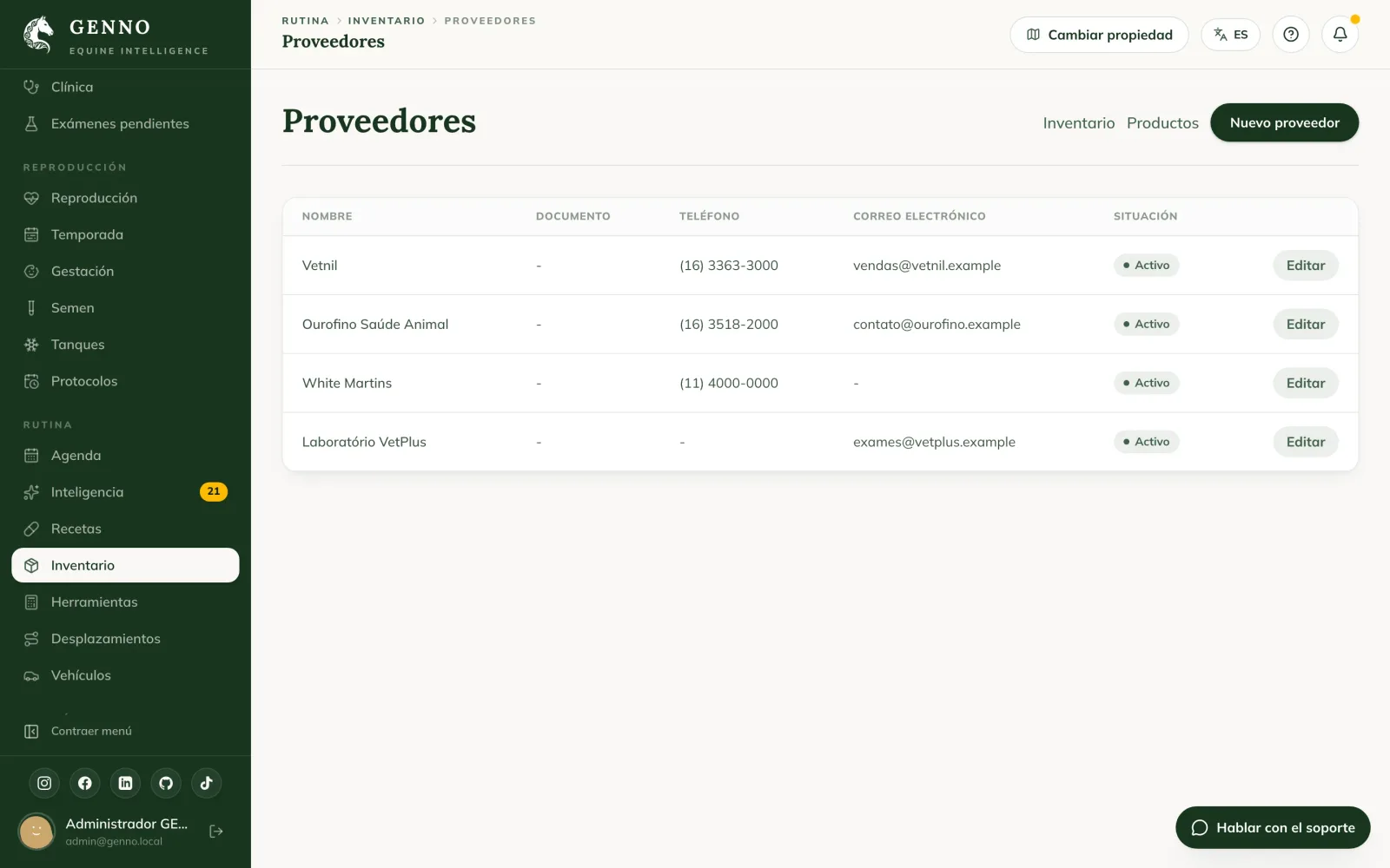 Página Proveedores en la web, con la lista de proveedores, documento, teléfono, correo, situación y el botón Nuevo proveedor