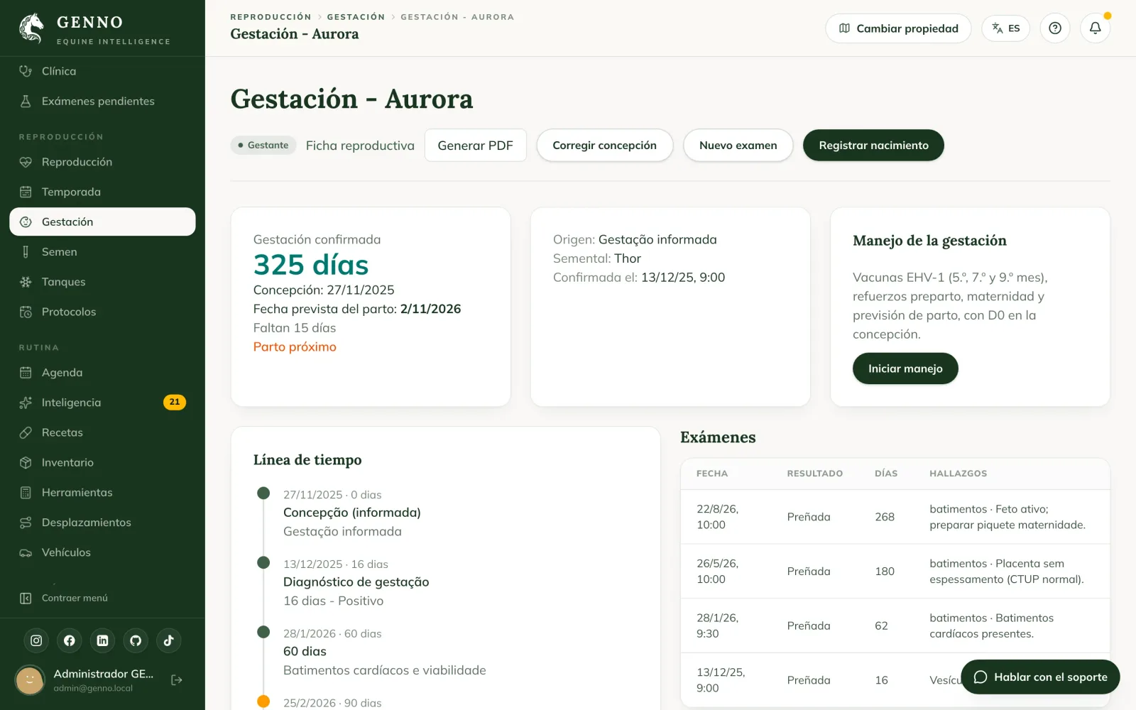 Página de la gestación en la web, con Corregir concepción, Nuevo examen, Registrar nacimiento, la línea de tiempo y los exámenes