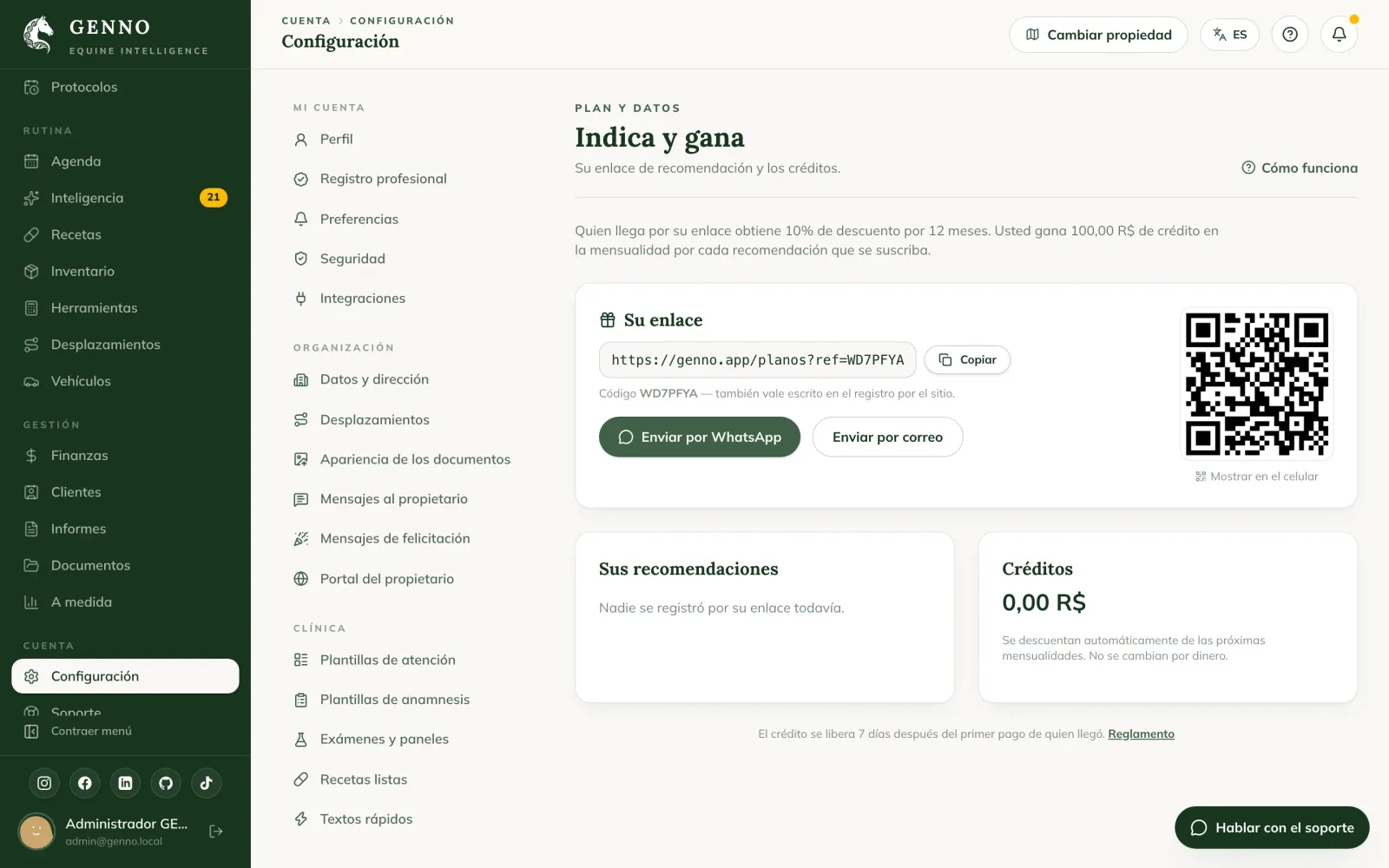 Página Indica y gana en la web, con tu enlace, el código, los botones Copiar, Enviar por WhatsApp y Enviar por correo, el código QR, Sus recomendaciones y Créditos