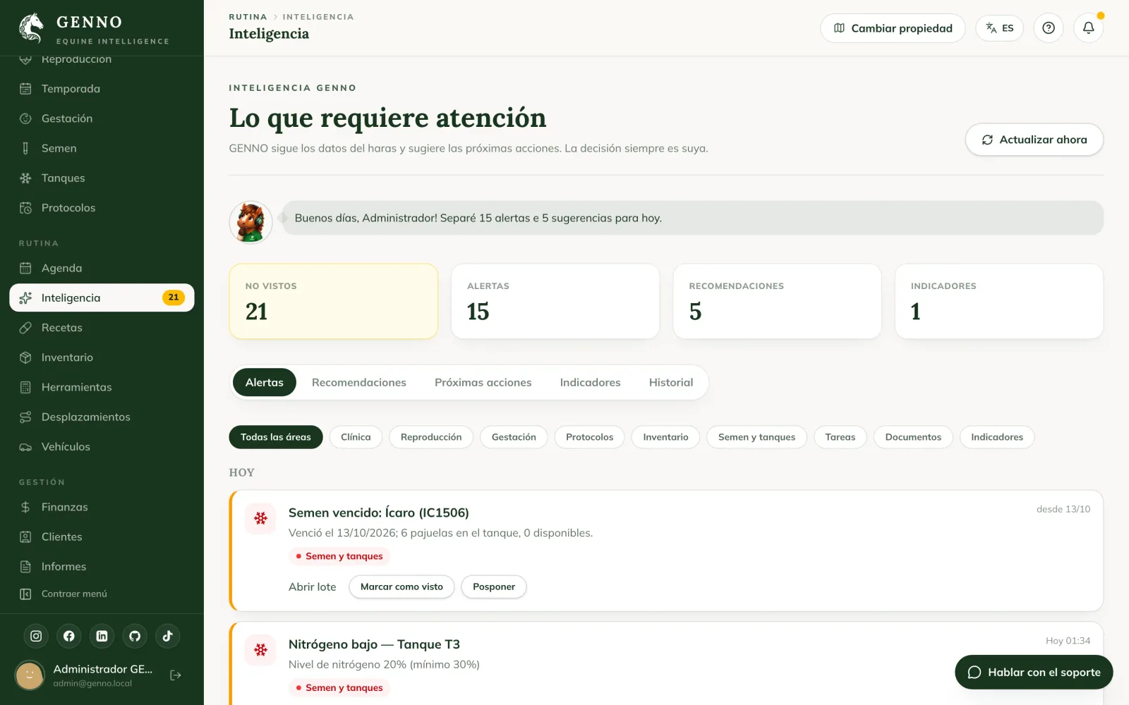 Página Lo que requiere atención en la web, con los contadores, las pestañas Alertas, Recomendaciones, Próximas acciones, Indicadores e Historial, los filtros por área y una alerta de semen vencido