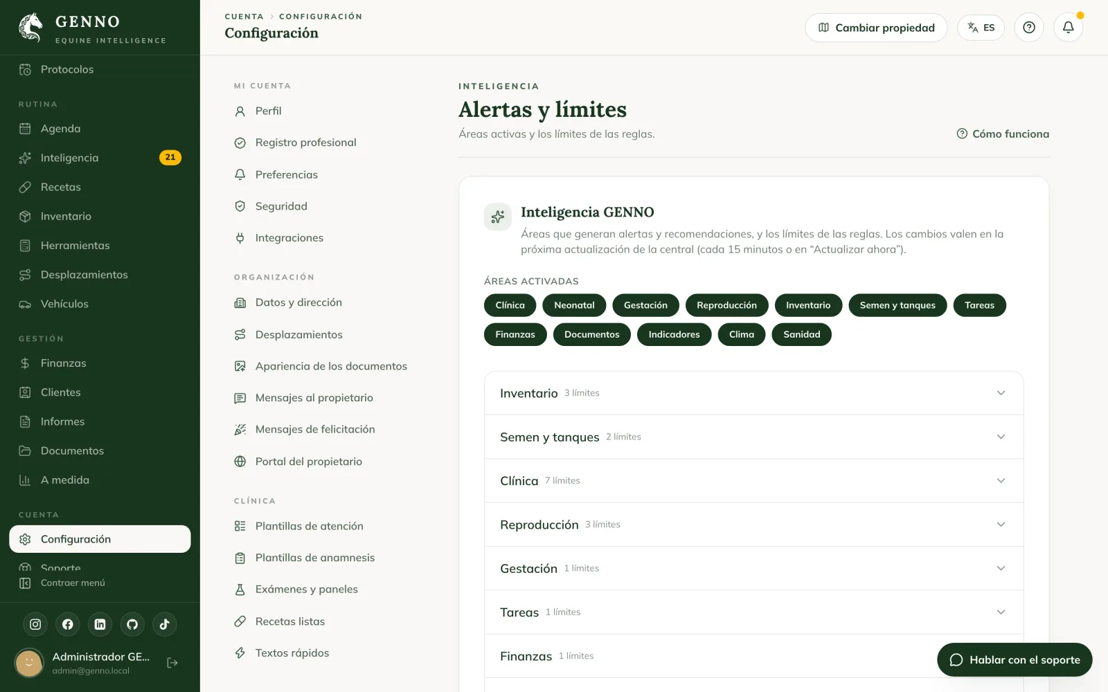 Tarjeta Inteligencia GENNO en la Configuración de la web, con las áreas activadas y los límites de Inventario, Semen y tanques y Clínica
