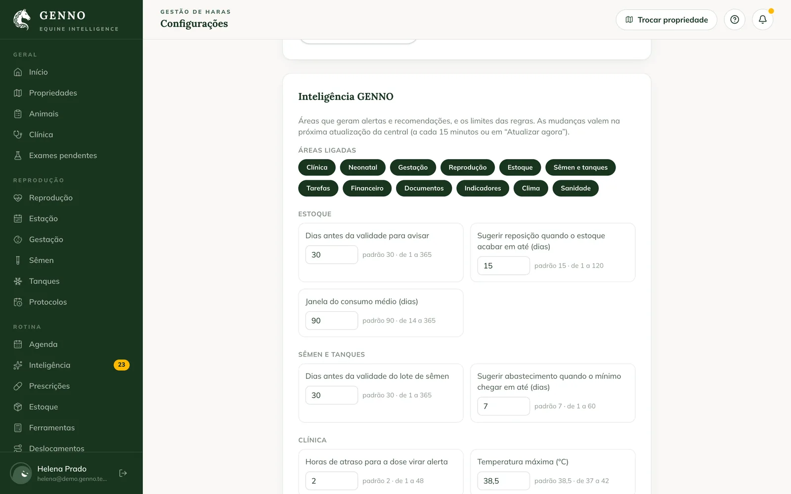 Tarjeta Inteligencia GENNO en la Configuración de la web, con las áreas activadas y los límites de Inventario, Semen y tanques y Clínica