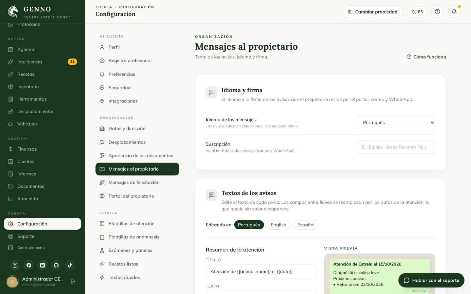 Textos de los avisos en la Configuración de la web, con el resumen de la atención personalizado y la vista previa con el estilo de WhatsApp