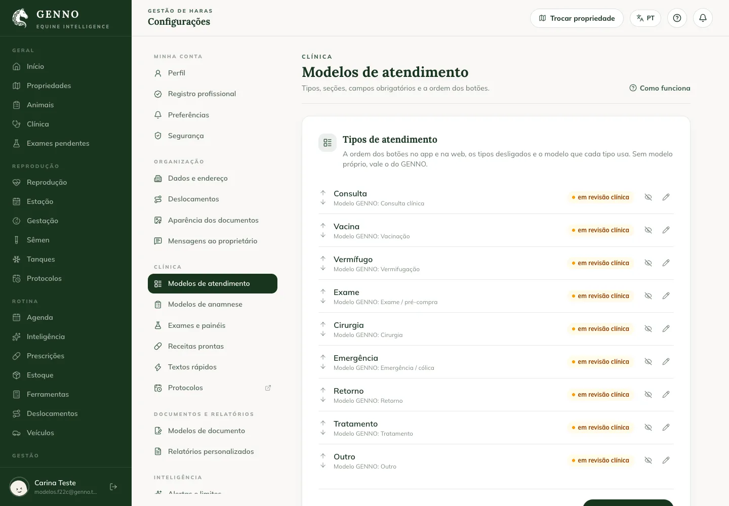 Plantillas de atención en la Configuración de la web, con los tipos en el orden de los botones, la plantilla de cada tipo y el botón Nuevo tipo propio