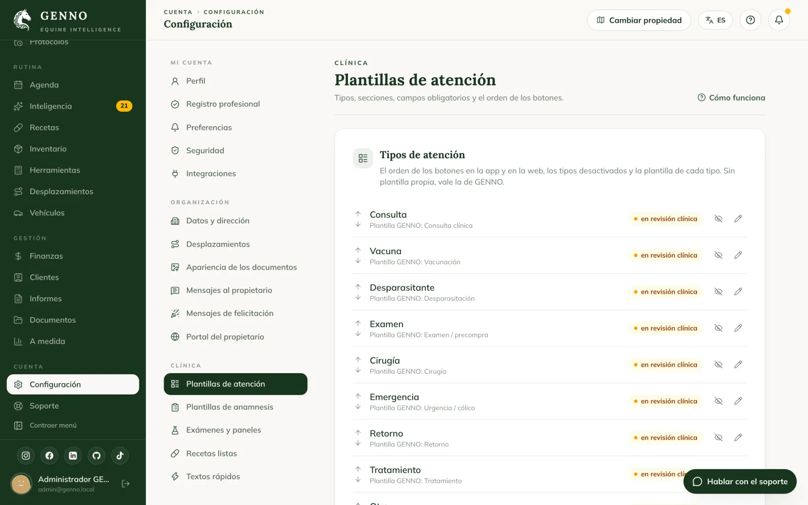 Plantillas de atención en la Configuración de la web, con los tipos en el orden de los botones, la plantilla de cada tipo y el botón Nuevo tipo propio