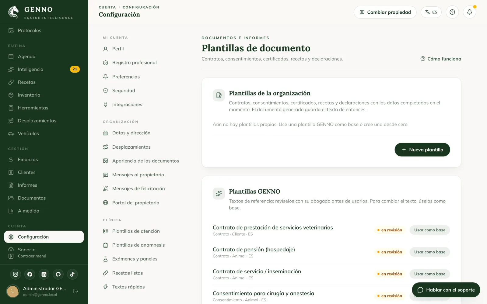 Plantillas de documento en la Configuración de la web, con la plantilla de la organización y las plantillas GENNO