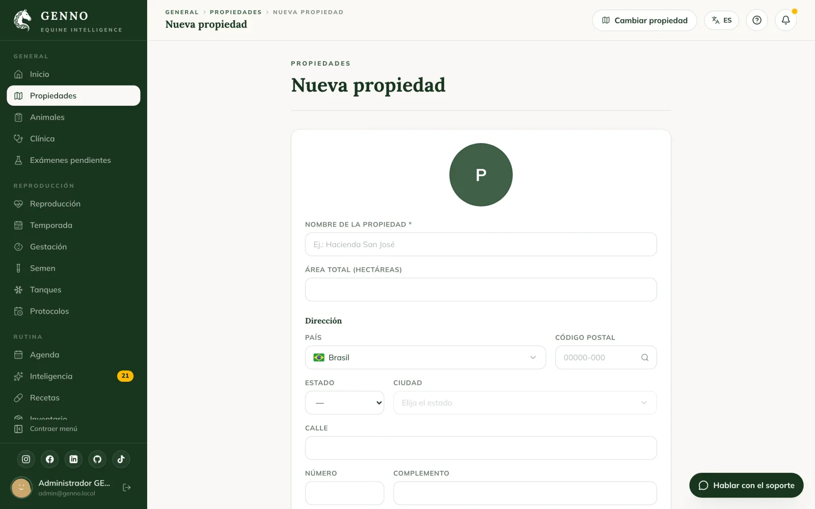 Pantalla Nueva propiedad en la web, con la foto, el nombre, el área total y los campos de dirección