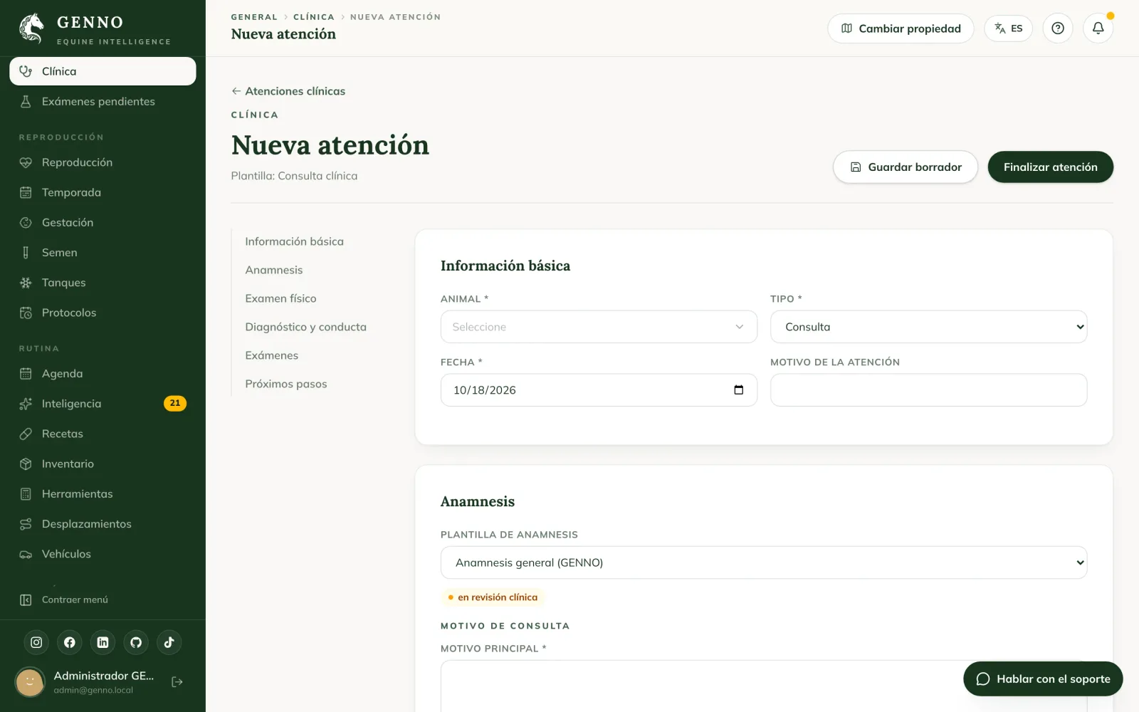 Página Nueva atención en la web, con las secciones de la plantilla Consulta clínica y la anamnesis con preguntas