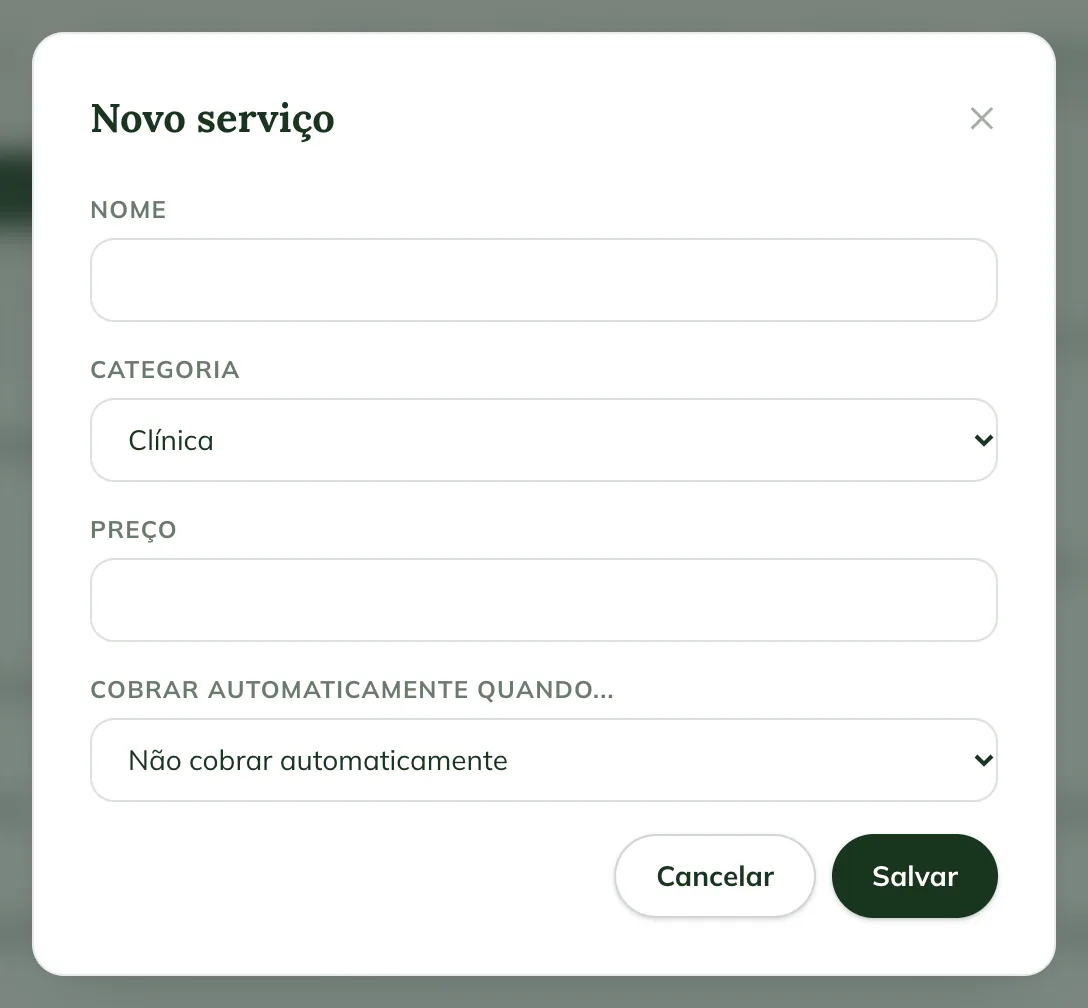 Ventana Nuevo servicio en la web, con Nombre, Categoría, Precio y Cobrar automáticamente cuando