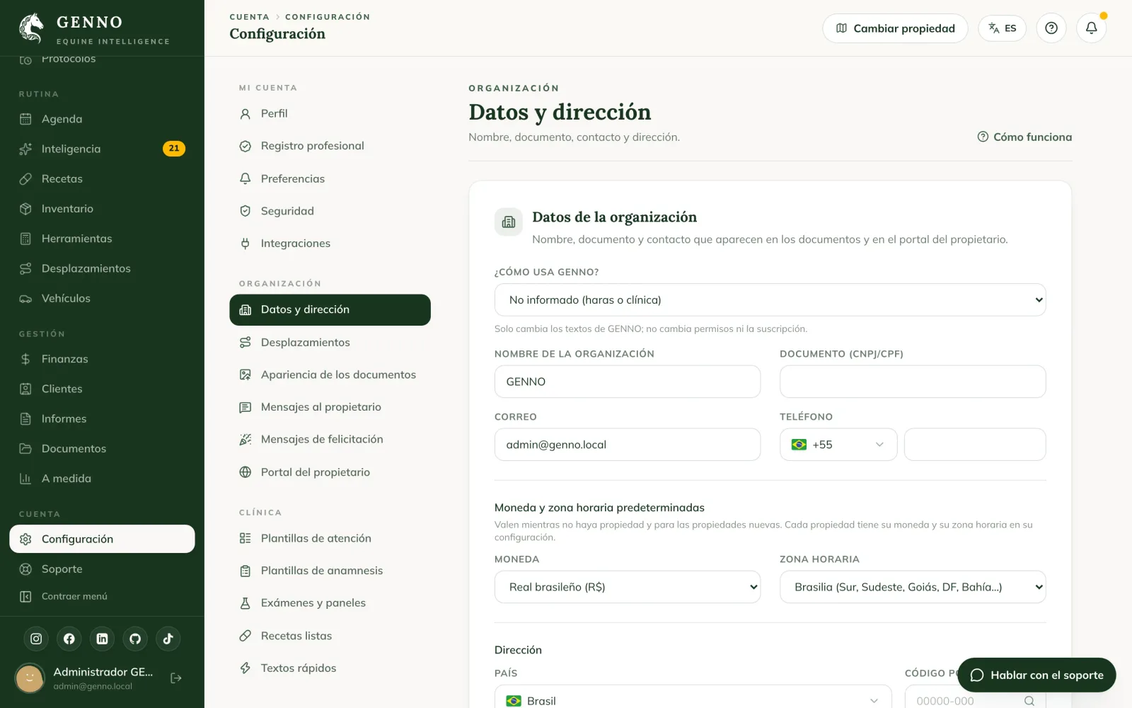Configuración de la Organización en la web, con Nombre de la Organización, Documento (CNPJ/CPF), Correo, Teléfono y Dirección