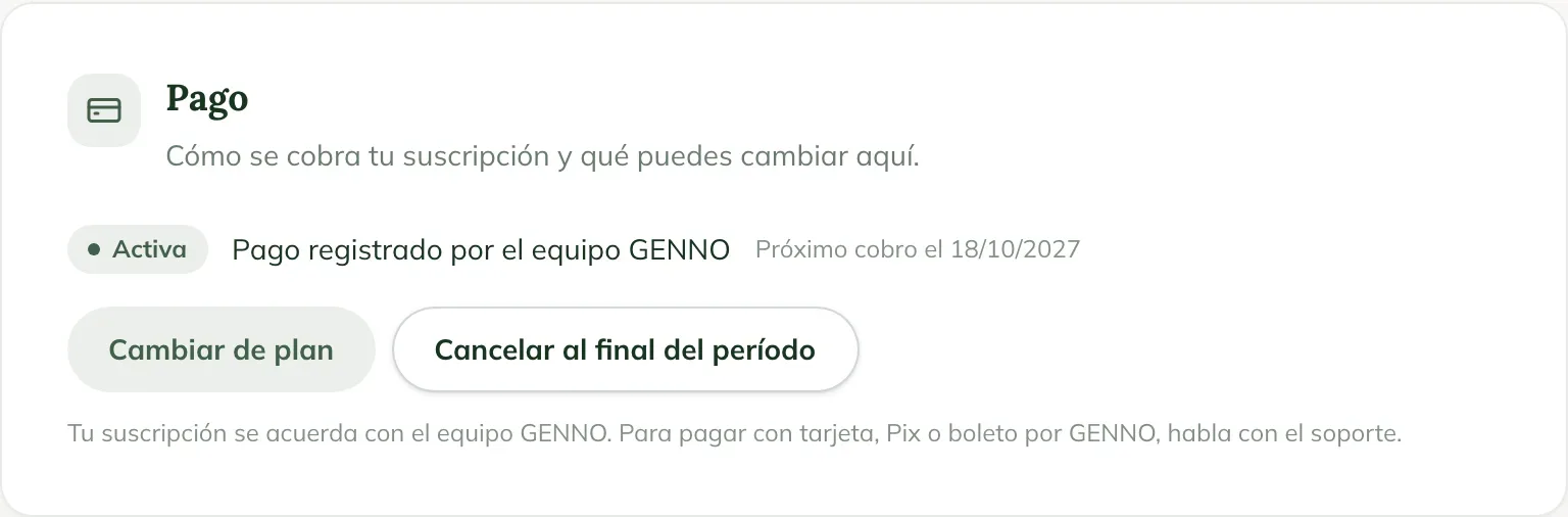 Tarjeta Pago en la Configuración de la web, con el estado de la suscripción, el próximo cobro y los botones Cambiar de plan y Cancelar al final del período
