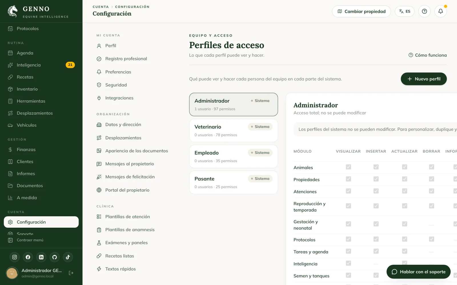 Pantalla Perfiles de acceso en la web, con la lista de perfiles y la matriz de permisos por área y operación