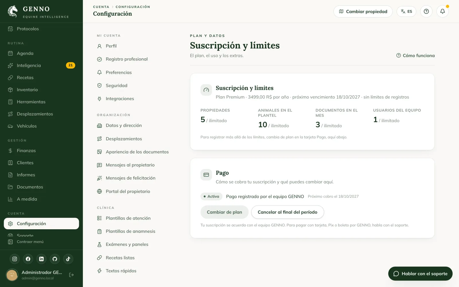 Tarjeta Suscripción y límites en la Configuración de la web, con el Plan Premium y el uso de propiedades, animales en el plantel, documentos en el mes y usuarios del equipo