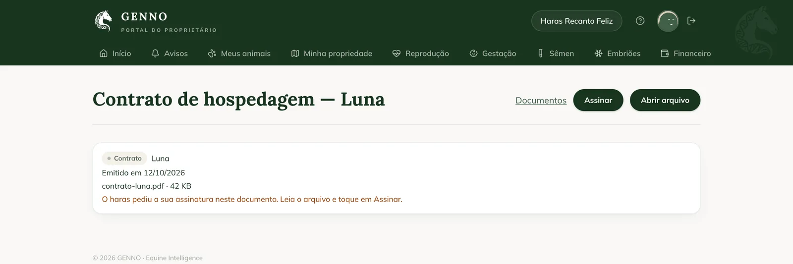 Documento Contrato de pensión de Luna en el Portal, con el aviso del pedido de firma y los botones Firmar y Abrir archivo