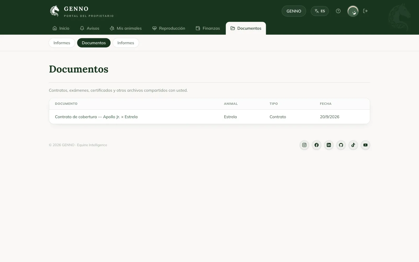 Documentos en el Portal del propietario, con el Contrato de pensión de Luna y la etiqueta Firma pendiente