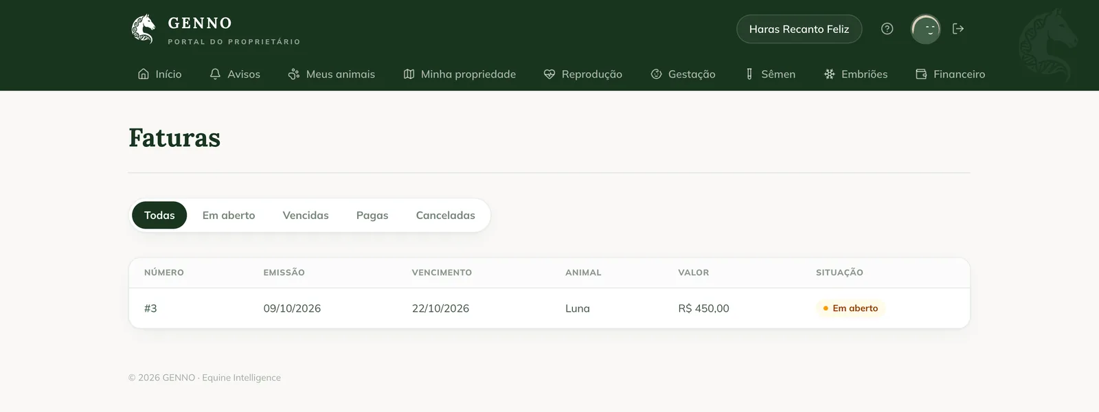 Facturas en el Portal del propietario, con los filtros Todas, Pendiente, Vencidas, Pagadas y Canceladas y una factura Pendiente