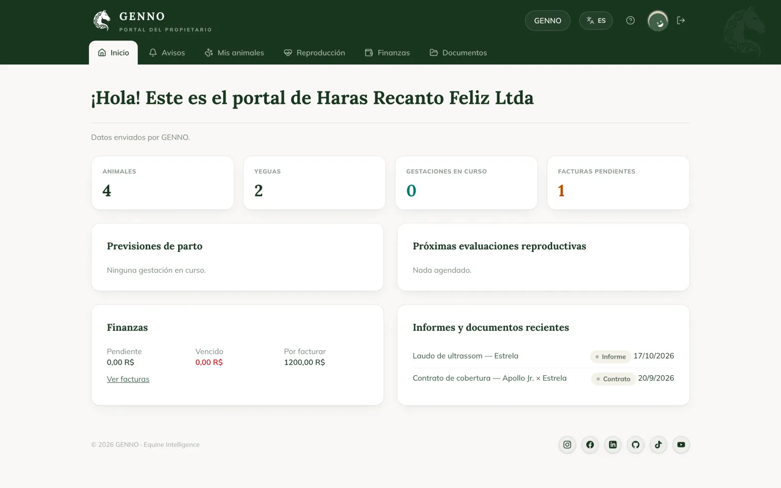 Inicio del Portal del propietario, con el menú arriba y las tarjetas de animales, yeguas, gestaciones, facturas, previsiones de parto, evaluaciones, finanzas e informes