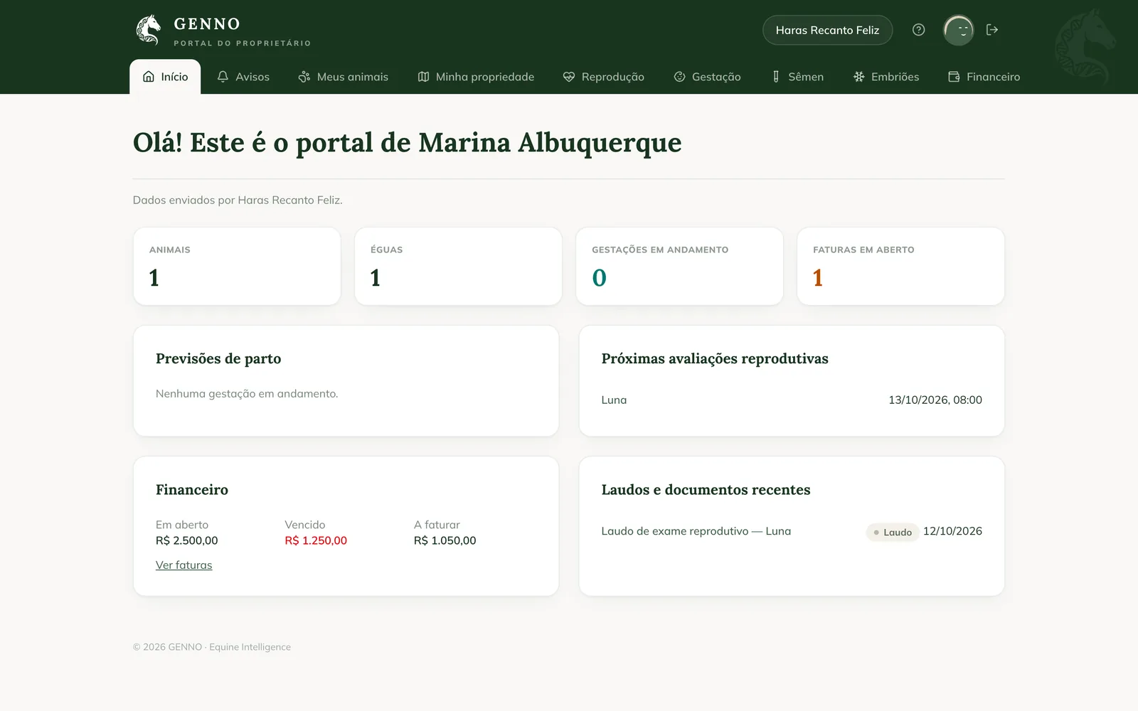 Inicio del Portal del propietario, con el menú arriba y las tarjetas de animales, yeguas, gestaciones, facturas, previsiones de parto, evaluaciones, finanzas e informes