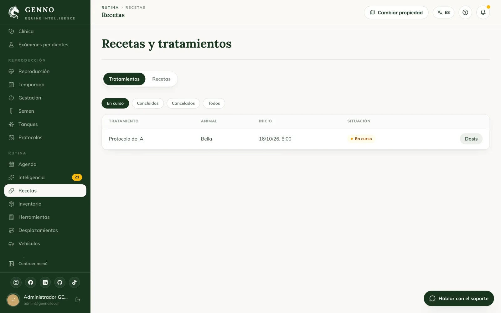 Pestaña Tratamientos en Recetas en la web, con las dosis aplicadas y pendientes y el botón Aplicar / omitir