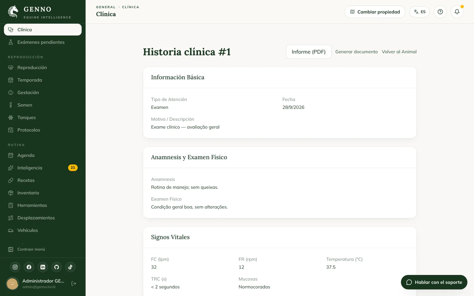 Historia clínica en la web, con Próximos pasos y Exámenes solicitados, y los botones Solicitud (PDF), Editar, Recolectado, Enviado al laboratorio, Registrar resultado y Cancelar