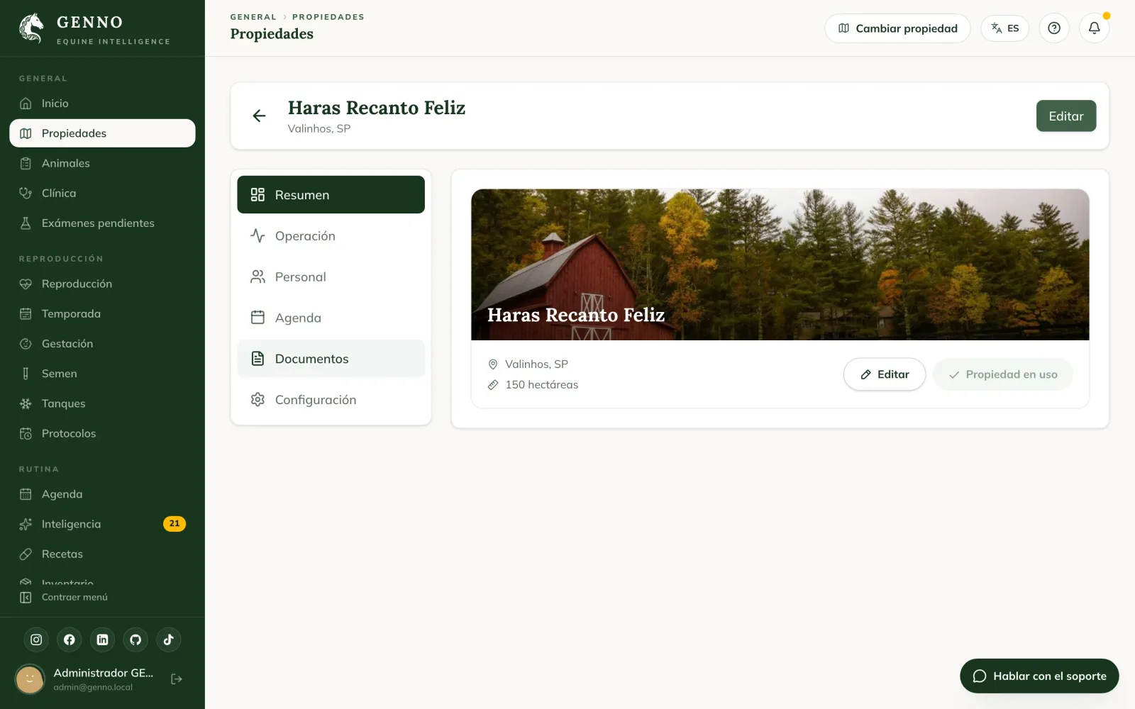Resumen de la propiedad Haras Recanto Feliz en la web, con las pestañas Resumen, Operación, Personal, Agenda, Documentos y Configuración y el botón Propiedad en uso