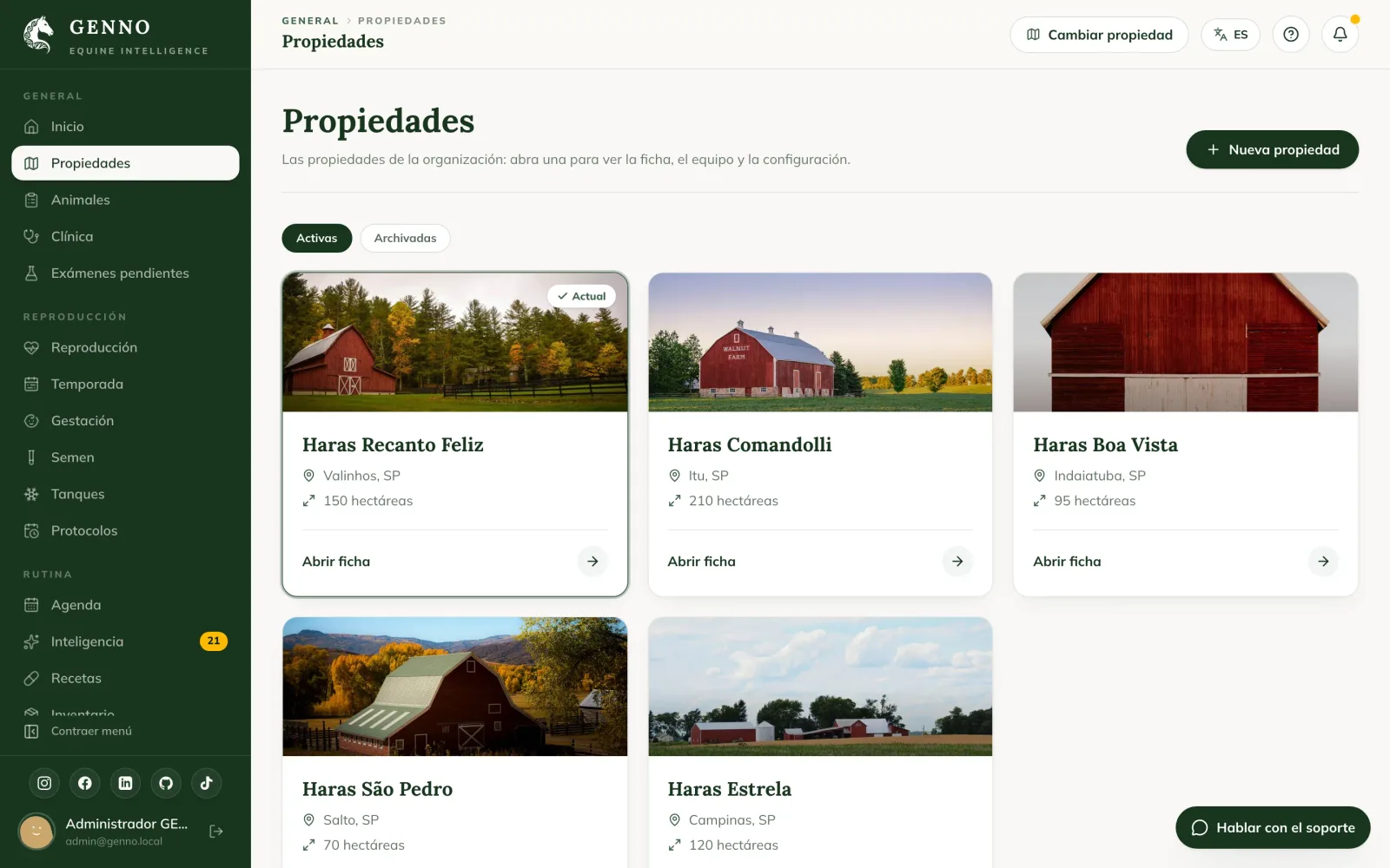 Lista Propiedades en la web, con las tarjetas de cada haras, la ciudad, el área y el botón Abrir ficha