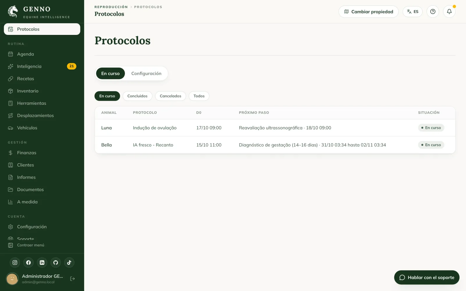 Pestaña Configuración de Protocolos en la web, con el botón Nuevo protocolo, el Catálogo GENNO y los Protocolos propios
