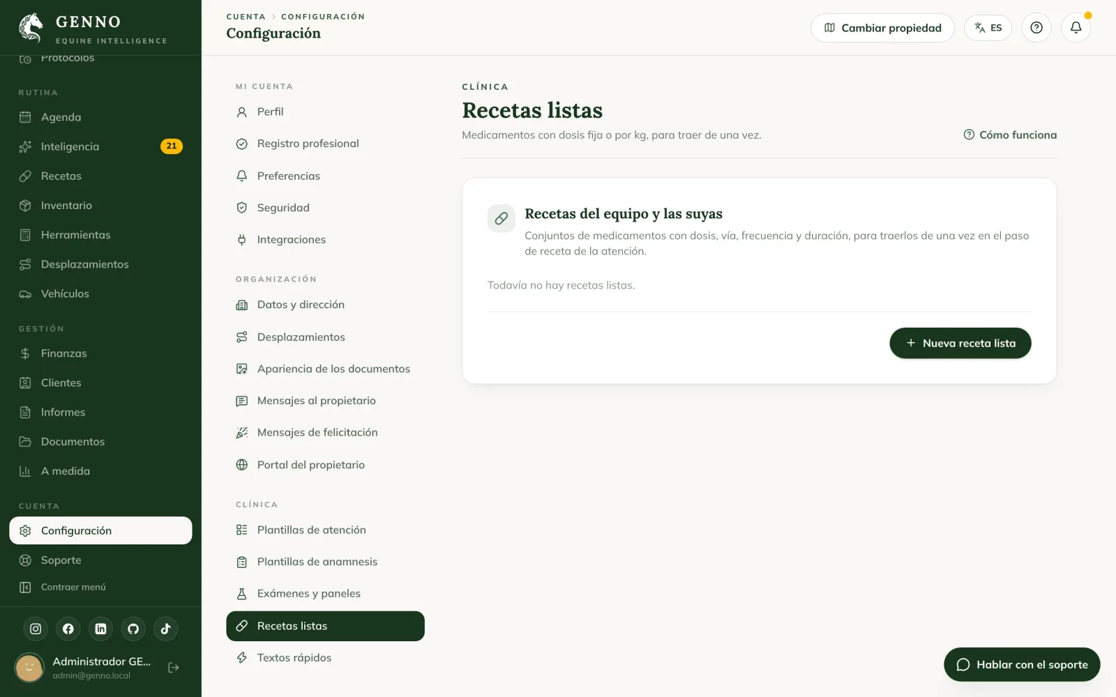 Recetas listas en la Configuración de la web, con la receta Cólico leve marcada por kg